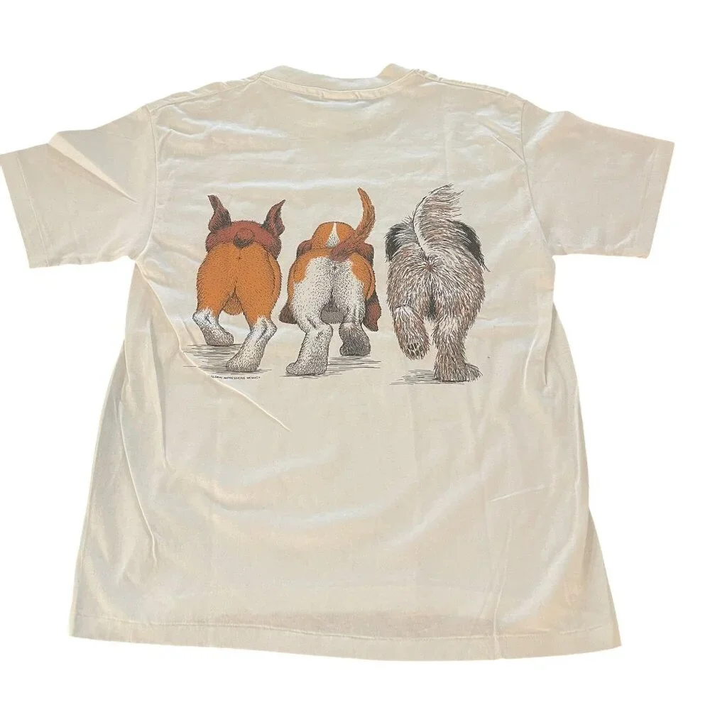 VTG Hanes Heavyweight 50/50 3 Dogs Double Side SS T-shirt Made In USA, Sz M NWT - Picture 2 of 9